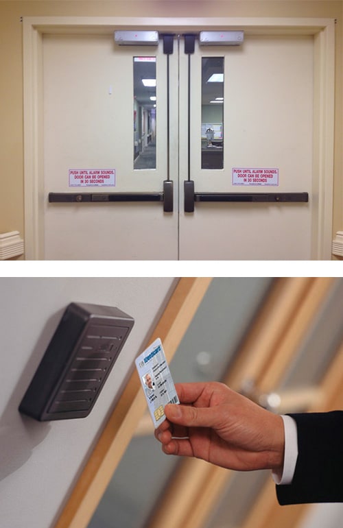 image of commercial doors with crash bars and automatic door closers (top), and a key-card reader outside an office door (bottom)