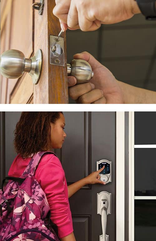 image of a lock being repaired (top) and a Schlage smart lock on a residential front door (bottom)