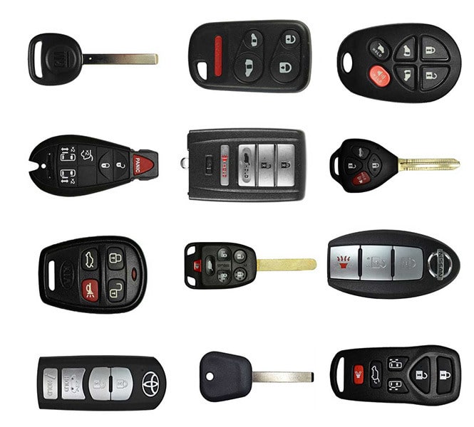 image of a variety of automotive keys, fobs, and remotes